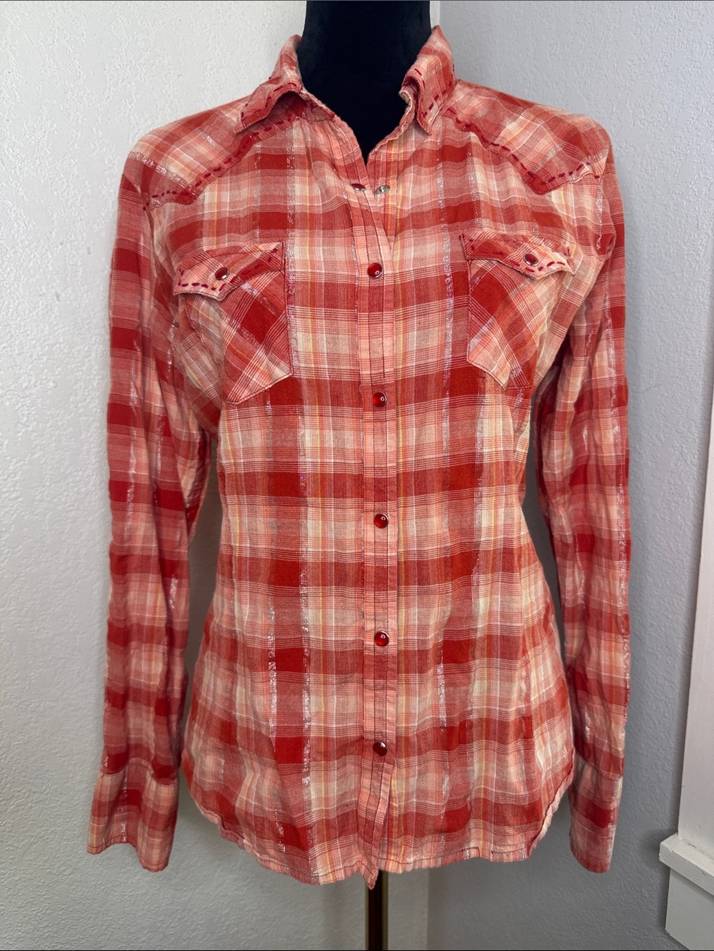 Panhandle Slim Coral Plaid Lurex Lace Up Back Western Snap Shirt Size Large